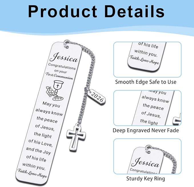 First Communion Bookmark for Girls Boys Teenager, 1st Communion Gifts for College Girls Teens, Custom Catholic Bookmark for Women, Personalized Gifts Christian Bookmarks, Teen Easter Basket Stuffers