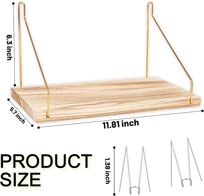 1-Pack Cubicle Shelf For Fabric Walls With Hooks：12x6.0in Wooden Cubicle Shelf Hanging Gold Bracket Use For Office Cubicle Accessories Office Stylish Ations Cubicle Decorations For Women Desk