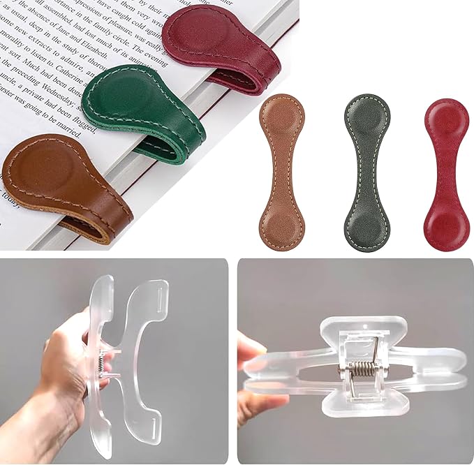 Magnetic Leather Bookmarks Set with Transparent Book Holder,Double Sided Strong Magnetic Page Markers,Hands Free Reading Book Clips for Book Lovers Students Teachers Sheet Music Class Notes
