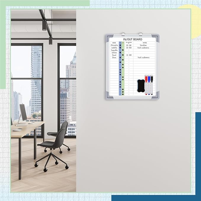 Lincia in and Out Magnetic Dry-Erase Board 16" x 12" Aluminum Framed White Board with Lines 21 Names with Magnetic Dry-Erase Marker, Eraser, and 20 Magnets Wall-Mounted for Office Employee