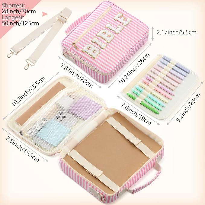 Dansydaisy Bible Cover Case for Women Large Chenille Letter Stripe Church Bible Bag with Shoulder Strap for Women(Pink)