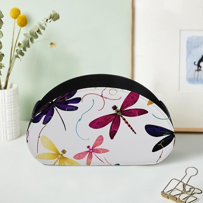 Colorful Dragonfly Remote Control Holder TV Remote Caddy with 5 Compartments PU Leather Storage Box Stylish Desk Organizer for TV/DVD/Accessories Desk Office Supplies Home