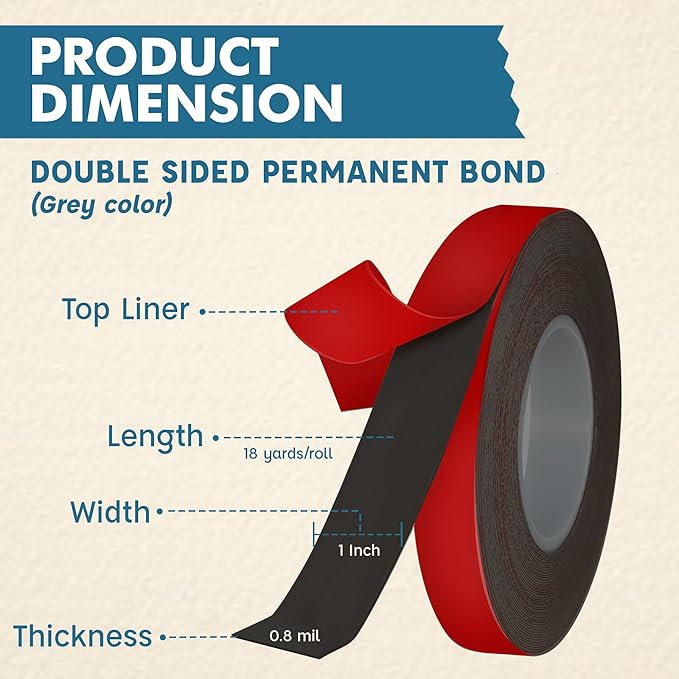 IncrediSeal 1" Heavy Duty Double Sided Permanent Bond Mounting Tape, Strong Adhesive for Indoor/Outdoor Use, Gray, 18 yd