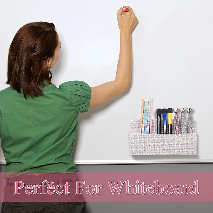 MotiMind White Locker Accessories for Girls, Bling Magnetic Pen Holder for Refrigerator, Back to School Rhinestone Marker Holder for Locker, Sparkly Gift for Student (Large,Rhinestone)