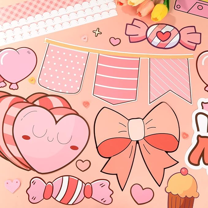 Valentine's Day Bulletin Board Set You Make My Heart Pop Happy Valentine’s Day Classroom Decoration Candy Heart Bow Popcorn Poster Cutouts for Class School Home Office Chalkboard Wall Door Decor
