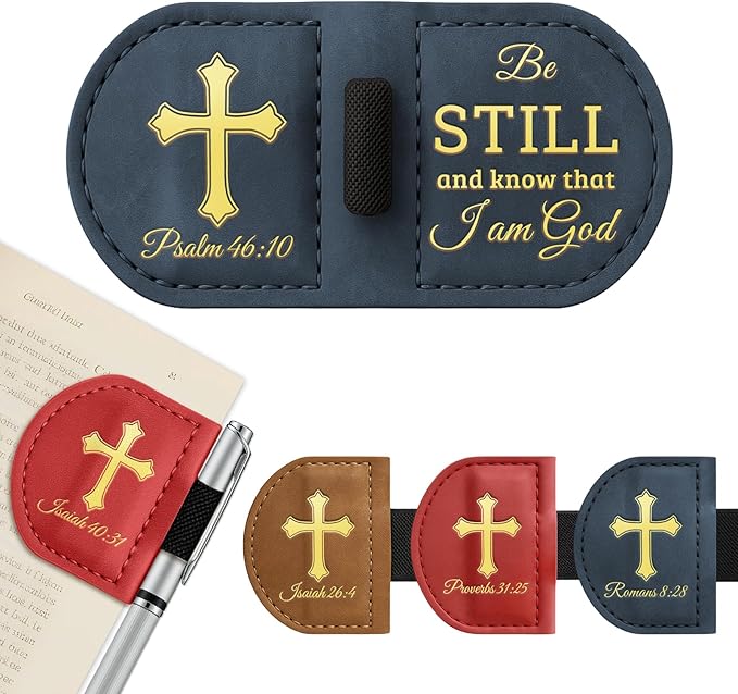 Personalized Magnetic Leather Bookmark with Pen Holder - Bygone Mark Custom Bible Verse Bookmarker,Book Marker for Men & Women,Book Lovers,Readers,Church(Blue,Psalm 46:10)