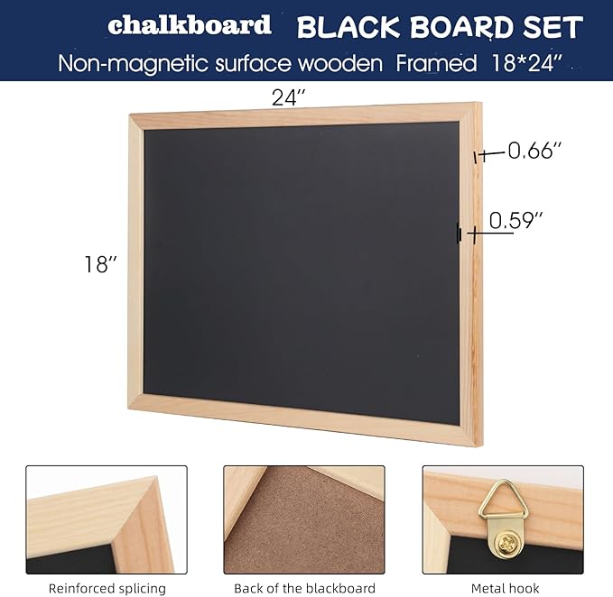 Wooden Frame Chalkboard, Wall-Mounted Blackboard with Natural Wood Border, Black Writing Surface, 18x24 Inches, Non-Magnetic, MDF with PVC Laminate (18 * 24")