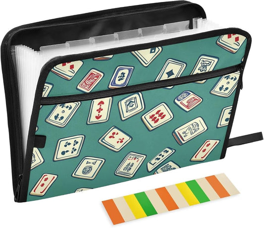 File Folders Green Mahjong Style Plastic Folders with 13 Pockets, Expandable File Folder for Documents School Students Office, Aesthetic Folder with Labels A4 Letter Size