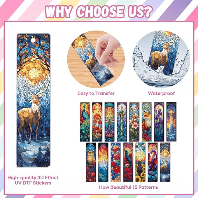 Peacoblue 30pcs UV DTF Bookmarks Transfer Stickers Wraps Colored Glass for Women Men Reading, Waterproof Bookmarkers Decal(No Blank Bookmarks) for Acrylic Plastic Metal Blank Bookmark