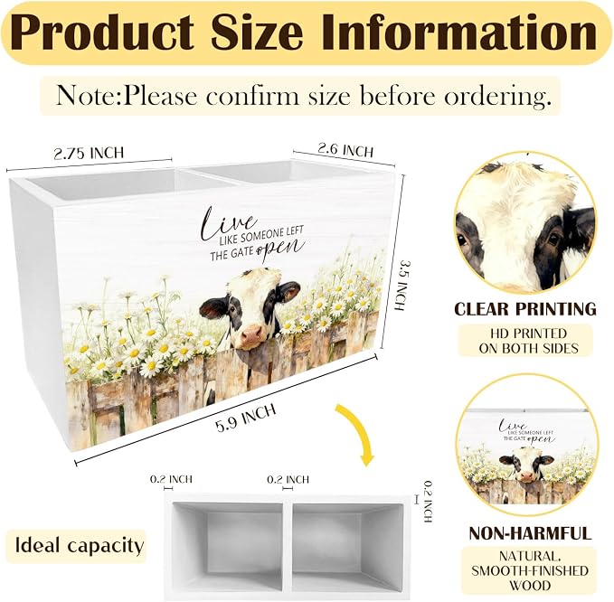 Rustic Daisy Floral Cow Pen Holder for Desk, Gifts for Cow Lovers Pencil Organizer, Live Like Someone Left the Gate Open Wooden Box Sign Desk Decor for Home Office Decoration