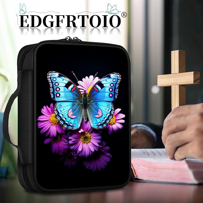 Pink Flower Butterfly Bible Case with Handle and Zippered Pocket - Standard Size Bible Bag for Women, Church, and Study