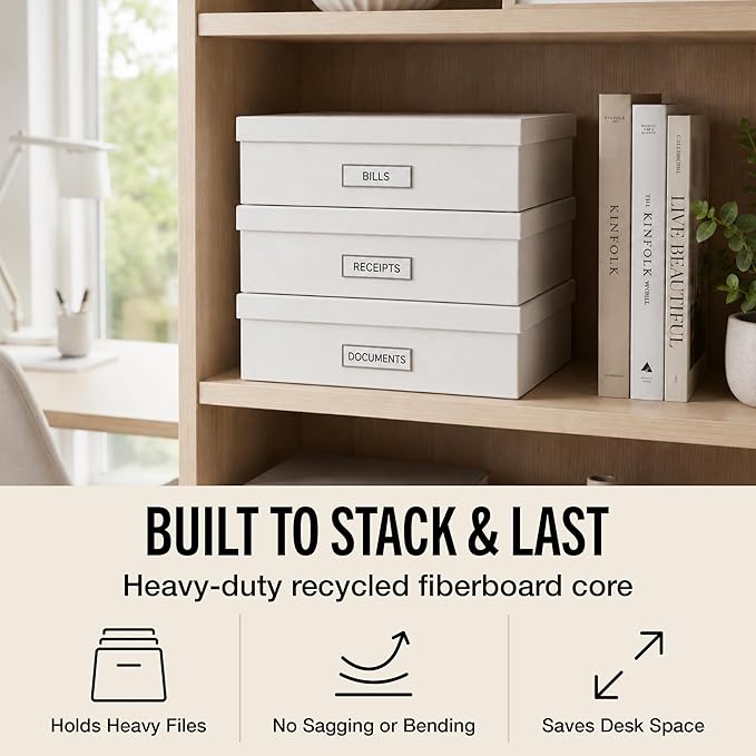 Bigso Oskar Fiberboard Label Frame Document Letter Box - File Organizer Box for Important Paperwork - Document Storage with a Lid & Metal Label Window - 3.3 in x 10.2 in x 13.8 in - 3 Pack - White