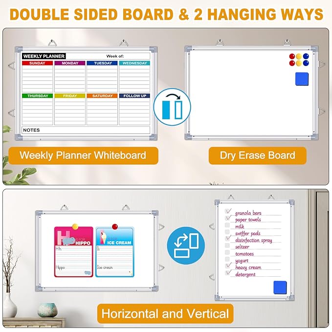 Weekly Planner Whiteboard, Weekly Dry Erase Board for Wall 16" x 12", Double-Sided Weekly Calendar Whiteboard with Pen Tray & Hook, Hanging Writing Schedule Board for Home, School, Office