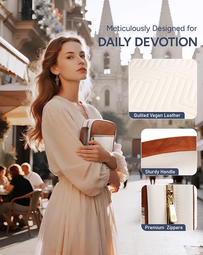 BellaHold Quilted Vegan Leather Bible Cover, Color-Blocked Bible Cover Case for Women, Large Bible Carrying Case with Handle, Bible Study Supplies & Christian Gift for Women (White & Brown, M/L)