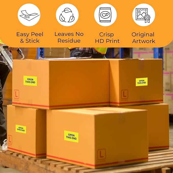 StickerJet Open This End – Warehouse Receiving Labels – 3"x5" Rectangle Labels – 500 Qty/Roll – Paper, Easy Peel and Stick, Strong Adhesive, No Residue, Made in USA