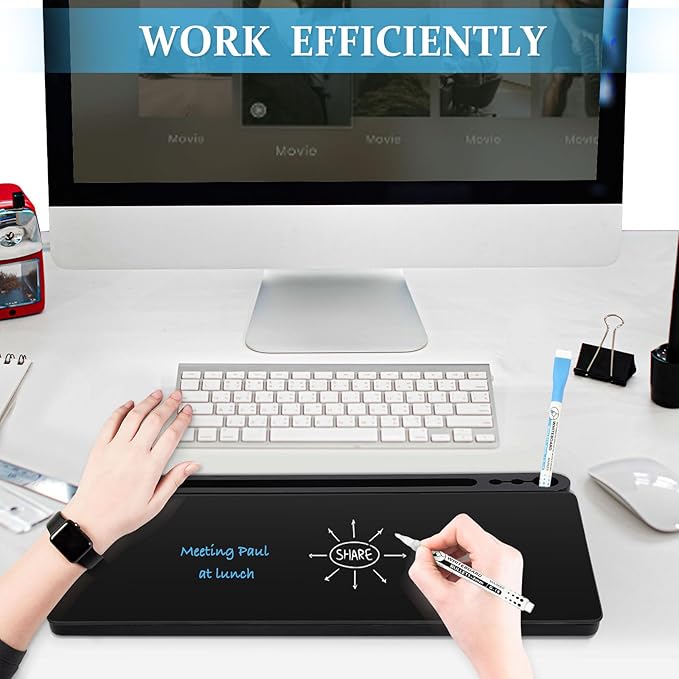 DOLLAR BOSS Glass Desk Whiteboard Small Dry Erase Board Desktop White Board with Storage Drawer Computer Keyboard Stand Desk Organizer Office Accessories School Supplies with 4 Markers 1 Rag, Black