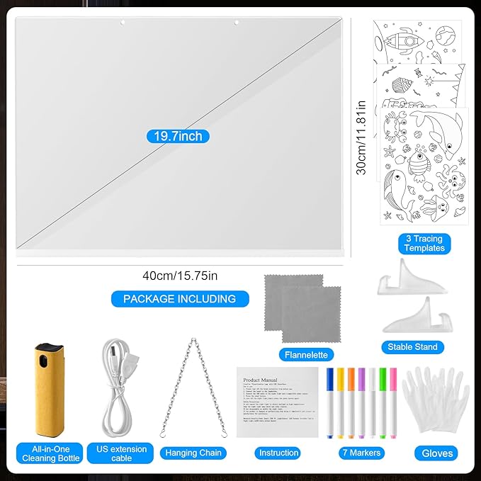 VINTS LED Drawing Board,19-Inch Acrylic Dry Erase Board with Light,3 Modes & 7 Colors Light up Drawing Board with Stand,7 Markers,3 Tracing Templates for Kids Teen Gifts,15.75"X11.81"