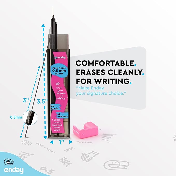 Enday Mechanical Pencil Refills, Black HB #2 Lead 0.5, White Eraser Refills for Pencil Tops, 2 Packs of 3 Tubes (30 Pieces of Lead & 6 Erasers per Tube)
