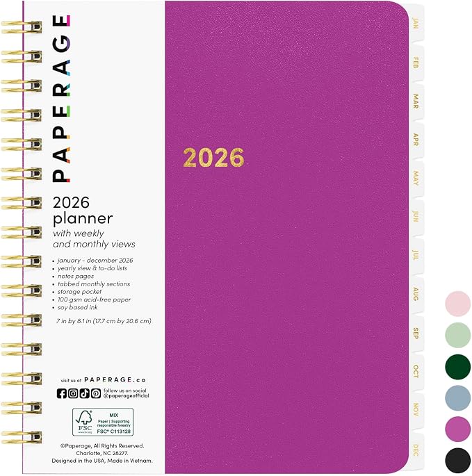 PAPERAGE 2026 Weekly & Monthly Planner, 12 Months (January 2026 - December 2026), 6.6 in x 8.1 in, Spiral Bound 2026 Planner with Weekly, Monthly & Yearly Views, Note Pages & Inner Pocket – Raspberry