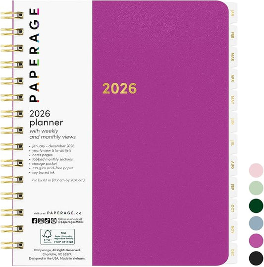 PAPERAGE 2026 Weekly & Monthly Planner, 12 Months (January 2026 - December 2026), 6.6 in x 8.1 in, Spiral Bound 2026 Planner with Weekly, Monthly & Yearly Views, Note Pages & Inner Pocket – Raspberry