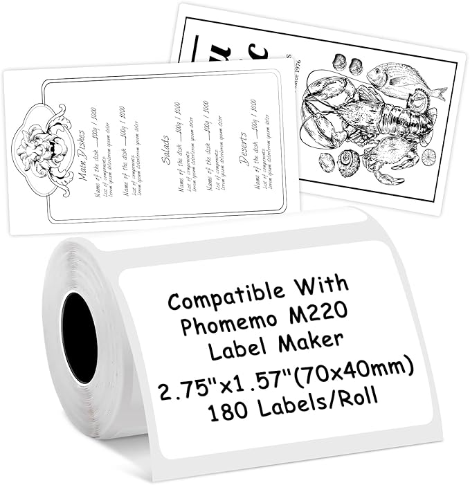 Thermal Labels Compatible with NIIMBOT B3S/K3 Label Printer,Compatible with Phomemo M220/M200/M221 Label Printer, 2.75"x1.57"(70x40mm), 180 Labels/Roll, Black on White