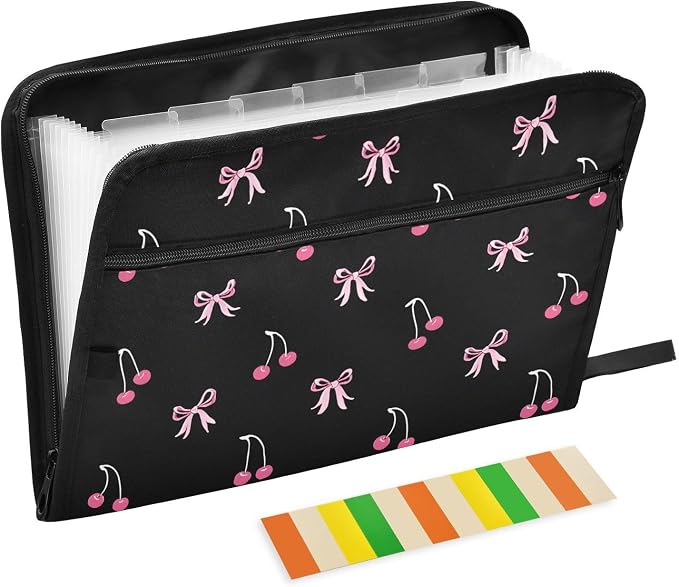 Expanding File Folder Black Pink Bow Cherry Accordion File Organizer 13 Pockets Document Organizer with Zipper Labels A4 Letter Office Storage