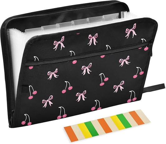 Expanding File Folder Black Pink Bow Cherry Accordion File Organizer 13 Pockets Document Organizer with Zipper Labels A4 Letter Office Storage