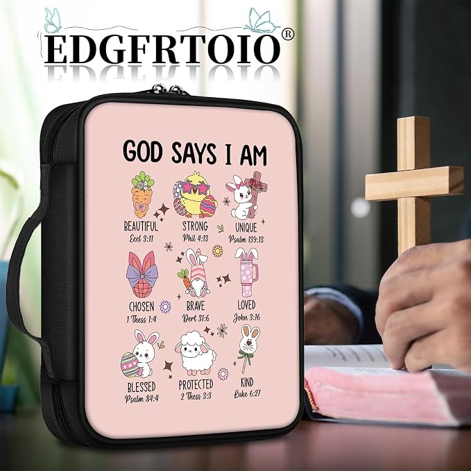 Bible Cover, God Says I Am Beautiful Bible Case with Handle and Zippered Pocket Standard Size Holy Bible Bag Women Gifts, Church Bag Portable Bible Carrying Book Case for Bible Study