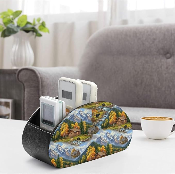 Remote Control Holder for Bedside and Desk, PU Leather 5-Compartment Organizer for TV Remotes and Accessories, Black Bears