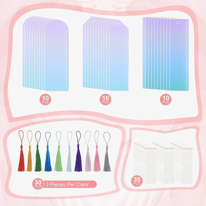 90Pcs Acrylic Bookmark Blanks Kit,30 Set Iridescent Clear Acrylic Bookmarks with 30 Tassels & 30 Self-Adhesive Bags for DIY Crafting Projects and Book Lovers Gifts