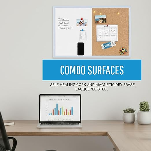 MasterVision Pastel Combo Bulletin and Dry Erase Board, 24" x 18", Blue Frame, Decorative Magnetic Whiteboard and Cork Board, Wall Décor for Home, Office, Dorm, or Classroom