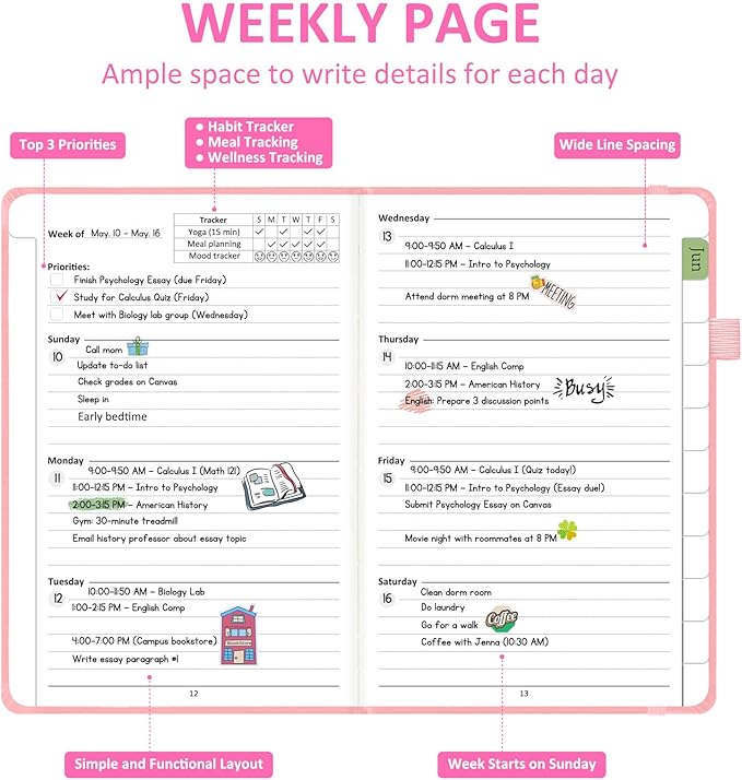 Comkiso Undated Weekly and Monthly Planner with Adhesive Tabs, A5 Dateless Academic Planner for Women & Men Daily Planning, Hardcover Leather All In One Planner for Home School Work Organizer (Pink)