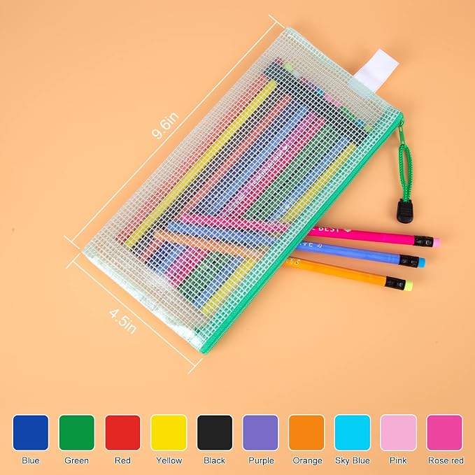 IKAYAS Mesh Pencil Bags - Zippered Document Folders, 20 Pack, 10 Colors - School & Office