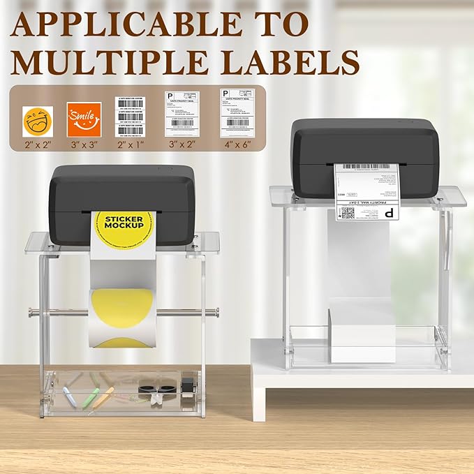 Label Roll Holder for Rolls and Fanfold Labels, Acylic Label Holder for Thermal Printer, Desktop Thermal Printer Stand Sticker Roll Holder for Home, Office, Work