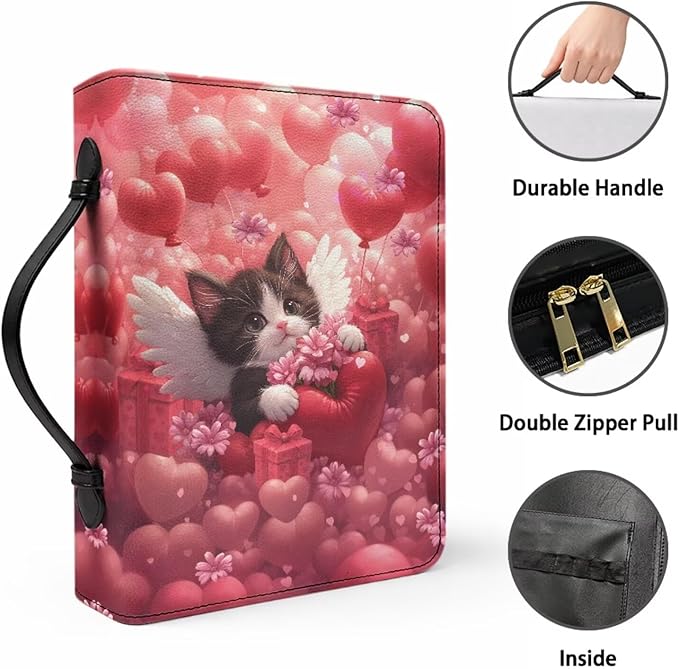 Leather Bible Cover for Girls and Women, Book Case Church Bible Protective with Handle and Zippered Pocket,Balloon Heart Cat,Medium