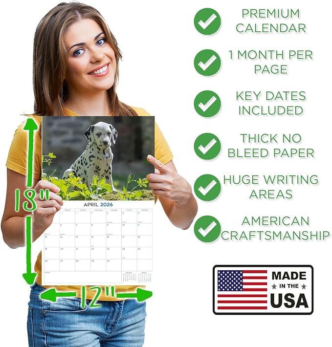 2025 2026 Dalmatian Pups Calendar - Dog Breed Monthly Wall Calendar - 12" x 18" Open - Thick No-Bleed Paper - Giftable - Academic Teacher's Planner Calendar Organizing & Planning - Made in USA