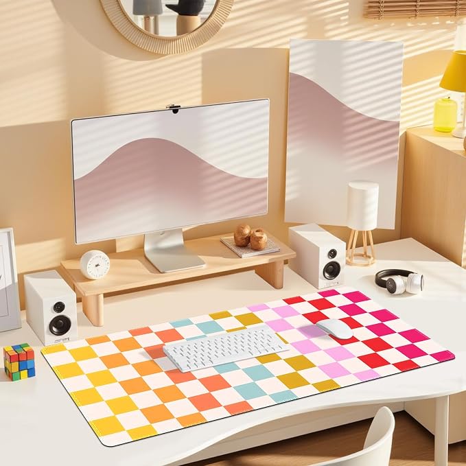 Desk Mat for Keyboard and Mouse, Non-Slip Large Mouse Pad Keyboard Pad, Computer Mats for Desktop, Cute Desk Pad with Stitched Edges for Office, Gaming I Rainbow Checkerboard