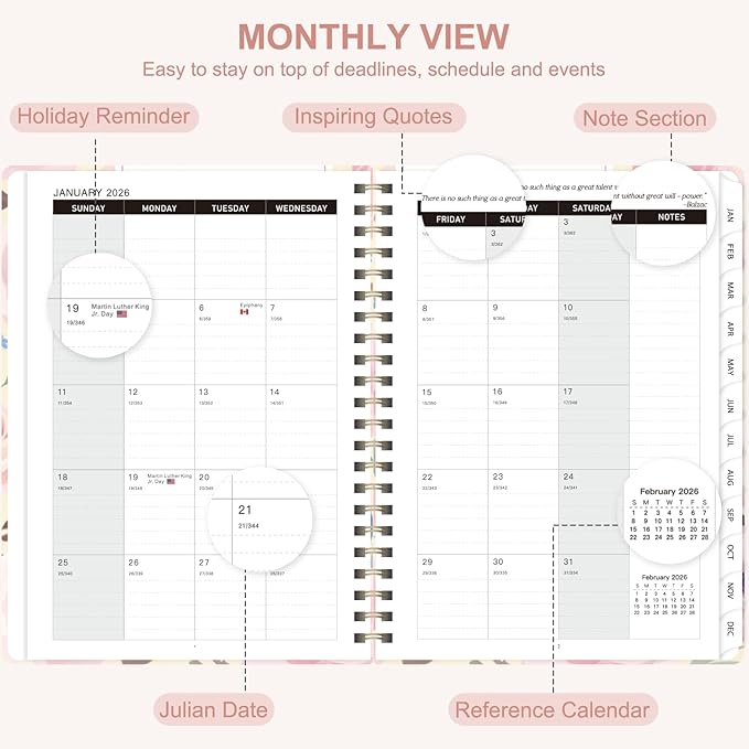 2026 Planner, Weekly and Monthly Academic Planner Calendar (JAN.2026 - DEC.2026), Planning Agenda Book, for Office Desk Accessories and School Supplies, A5(6.3" x 8.5") (Blush Blooms)