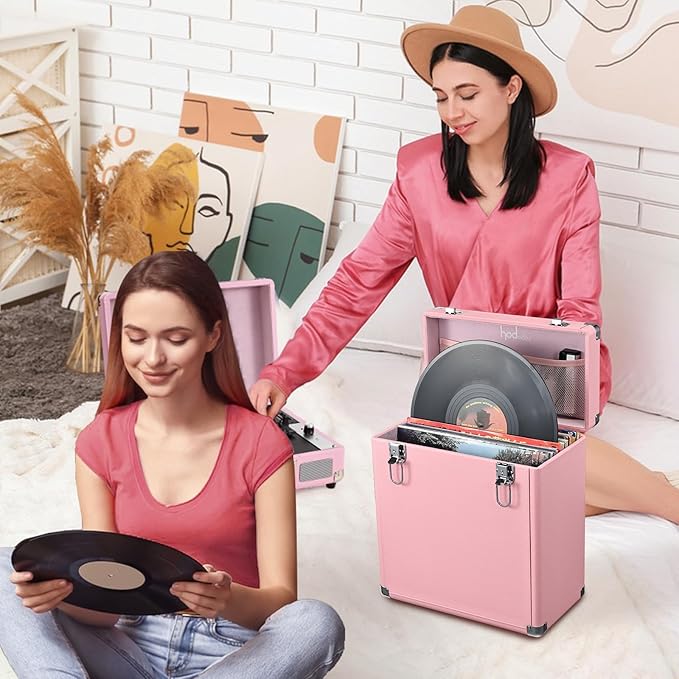 Hododou Vinyl Record Storage Box with Lock Record Organizer Storage for 30+ Single Records 12-inch Water Resistant Collapsible Storage Crate with Handle Mesh Pouch for Valuable Album Collection Pink