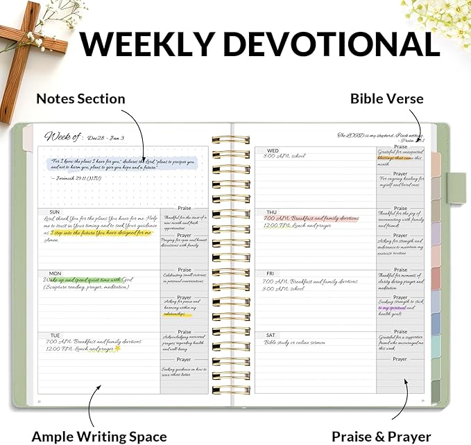 SUNEE Christian Planner - Undated 12 Month Bible Journal and Prayer Planner A5 Spiral Bound, Monthly & Weekly Christian Organizer Gifts for Women Men (Grey Green)