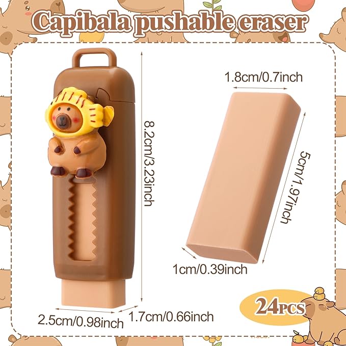 Gersoniel 48 Pack Capybara Retractable Erasers 24 Pcs Push-Pull Rubbers with 24 Pcs Refill Rubbers for Capybara Lovers Office Supply Gifts