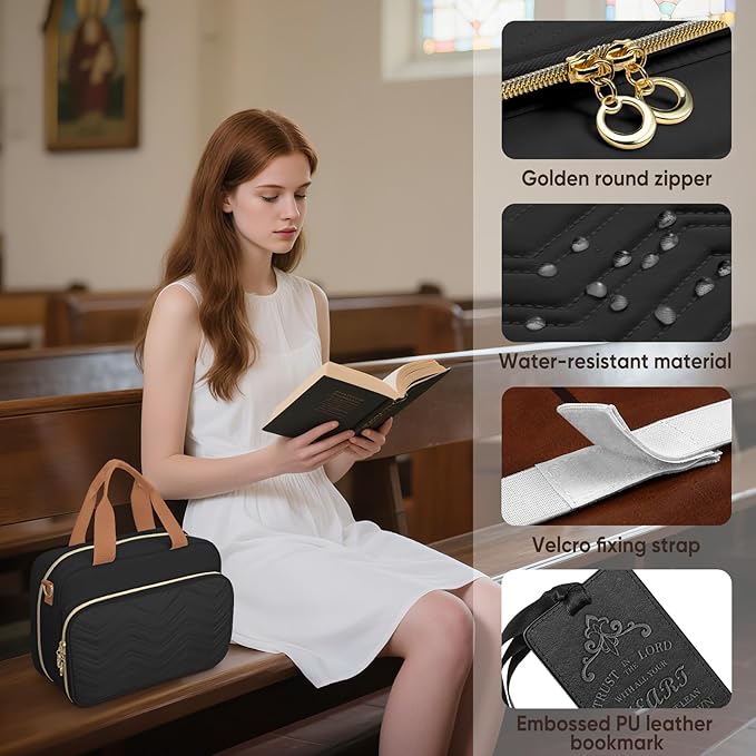 FINPAC Large Bible Cover Case for Women, Bible Study Supplies Journaling Kit with Shoulder Strap, Christian Gifts Church Bag, Black
