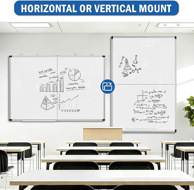 Magnetic White Board, 72" x 40" Large Foldable & Double-Sided Wall-Mounted Dry Erase Board, Portable Whiteboard with Silver Aluminum Frame & Marker Tray for Office, School, Classroom & Home