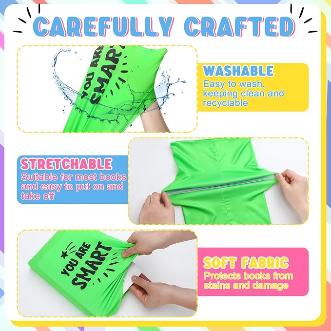AmazingSpark 6 Pcs Stretchable Book Cover Reusable Protector for Hardcover Textbooks up to 9 x 11 in, Inspirational Colored Quotes Book Covers Washable Textbook Protector Back to School Gift Supplies