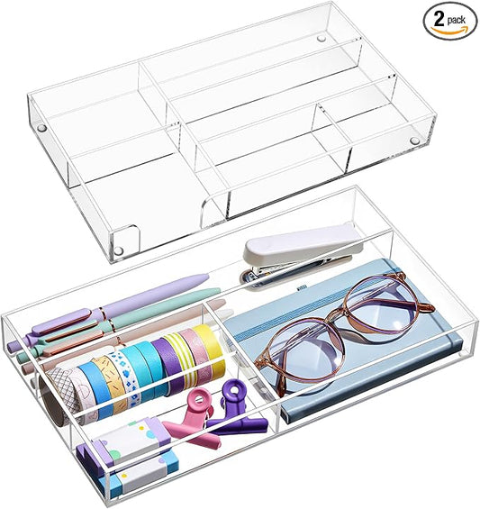 Briwooody 2 Pcs Clear Acrylic Desk Drawer Organizer 11 x 6 x 1.38 Inch Drawer Organizer Trays with 4 Compartments Desk Accessories for Office Makeup Silverware Bathroom