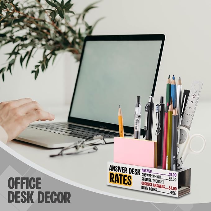 FOKCBOCM Funny Office Pen Holder with Answer Desk Rates Design, Stainless Steel Organizer Gift for Coworker, Sarcastic Workplace Humor Desk Decor, Rule Style Accessory-DS128