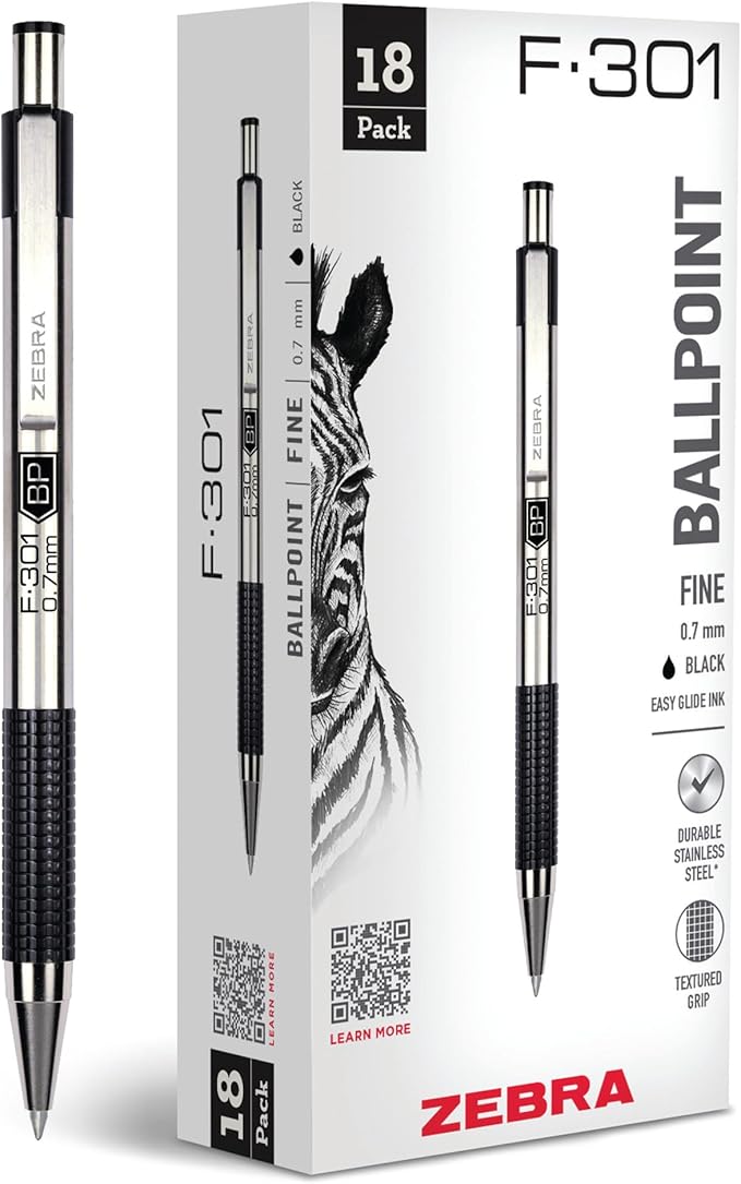 Zebra Pen F-301 Ballpoint Black Ink Fine Point 0.7mm Pen, Easy-Glide Ink, Stainless Steel Retractable, Non-Slip Grip, Professional Design, Ideal for Office, Journal and Planner Use, 18-Pack (27118)