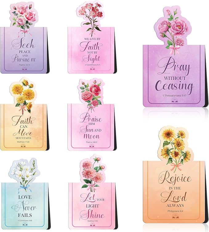 Wxiben Bible Verse Magnetic Bookmark - 8 Pcs Inspirational Quotes Scripture Book Mark Magnets Christian Floral Bookmarks Magnetic Positive Book Markers Page Clip for Women Students Teacher Church Gift