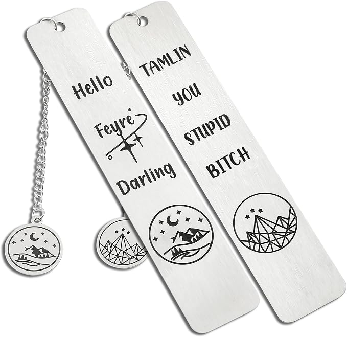 Stainless Steel Acotar Bookmark with Tassel, Acotar Inspirational Creative Moon Mountains Text Book Marks for Reading Women Men Collection, Books Accessories (Silver 2 Sides Style 1)
