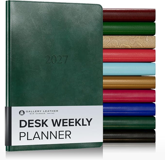 Gallery Leather Desk Weekly Monthly Planner 2027, Elegantly Bound Calendar Planner and Notebook with Stylish Gold-Gilded Page Edges, 12 Months - Acadia Green - 8x5.5"
